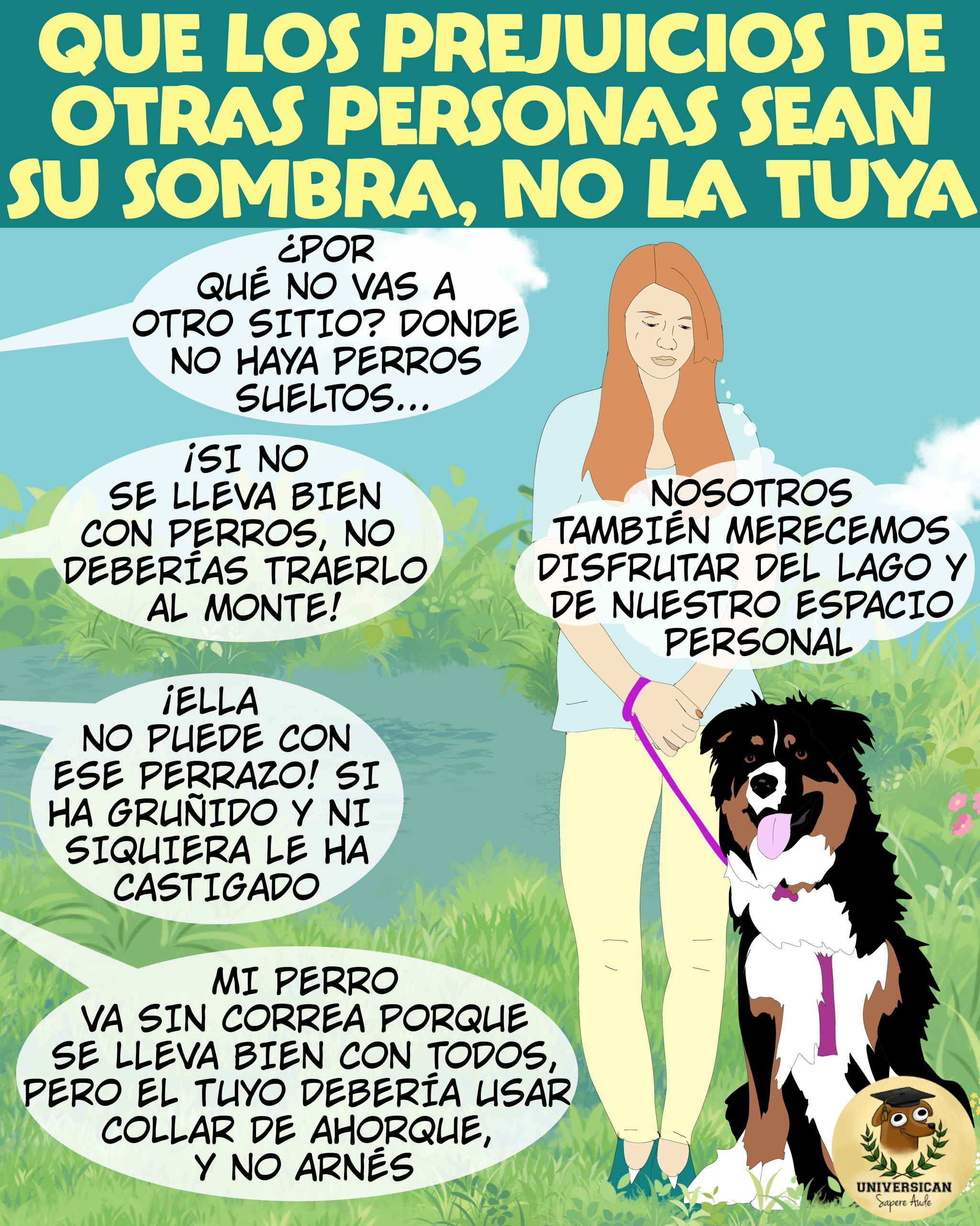 Mujer sostiene con una mano a un perro grande con arnés y correa rosa, en un entorno natural con césped y lago de fondo. Alrededor aparecen comentarios que la critican por pedir espacio para su perro y porque su perro no es tan social como el resto.