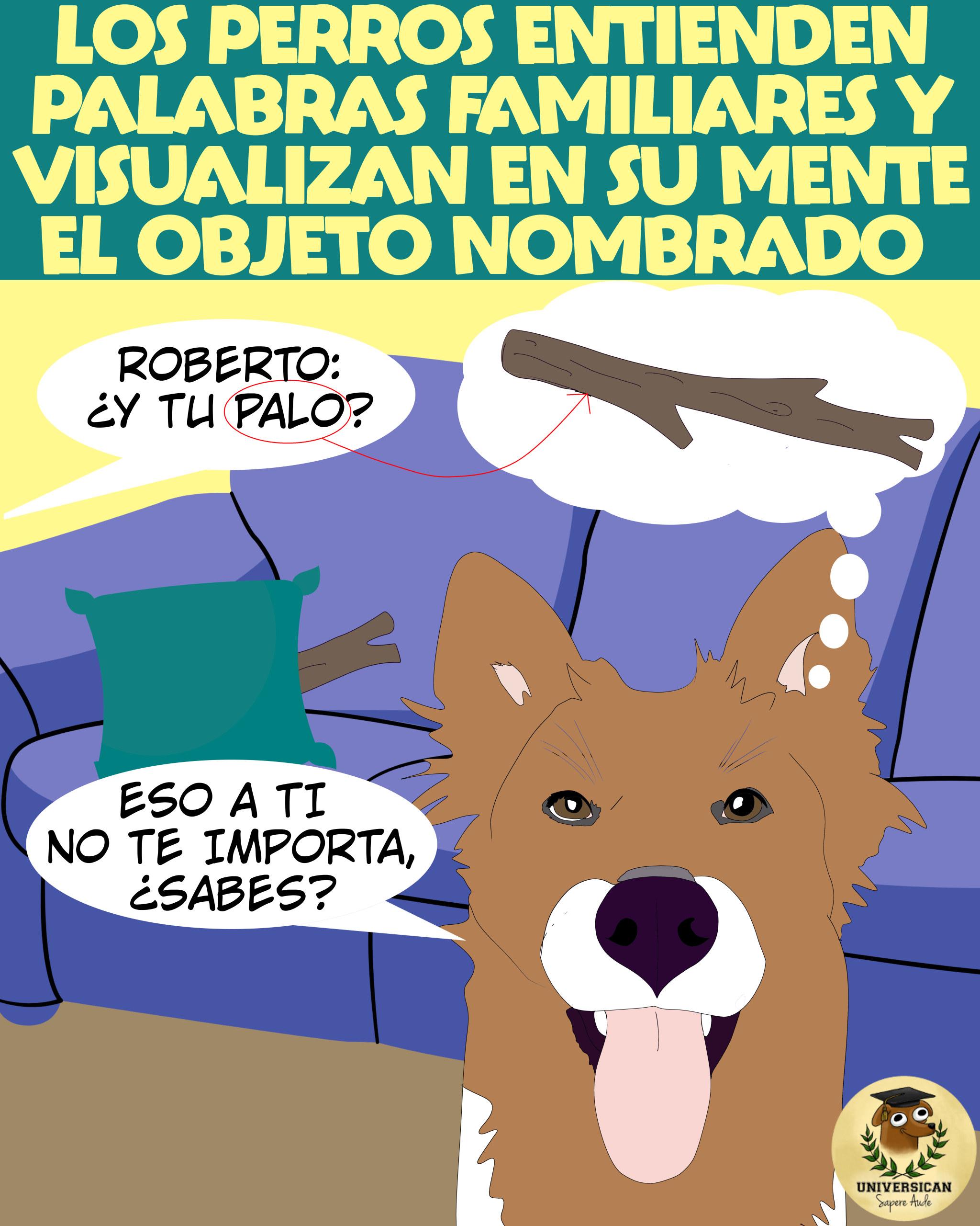 Ilustración sobre comprensión verbal canina: los perros entienden palabras familiares y visualizan mentalmente los objetos nombrados.