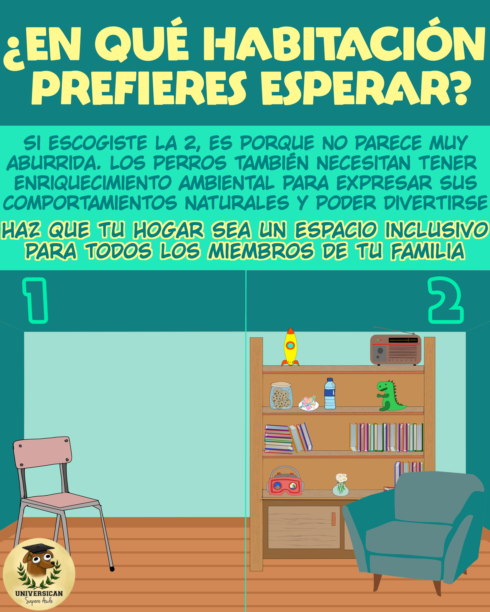 Ilustración comparativa de dos habitaciones, una sencilla y vacía, y otra enriquecida con objetos y estímulos, utilizada para explicar la importancia del enriquecimiento ambiental en los hogares cuando se convive con animales no humanos.