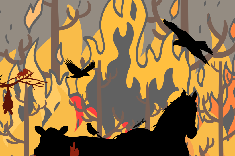 Ilustración en memoria de las víctimas invisibles de los incendios: siluetas de animales salvajes y domésticos frente a un bosque en llamas, resaltando el sufrimiento y el olvido de los seres no humanos durante las catástrofes naturales.