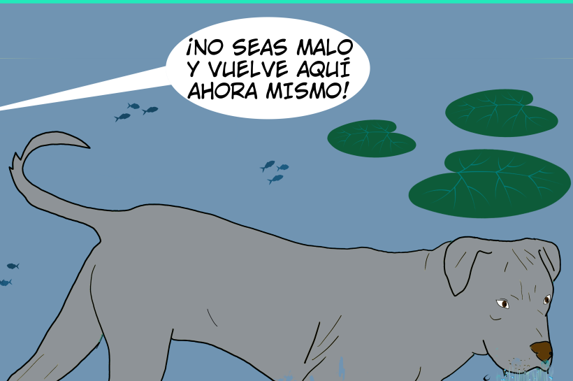 Un perro chapotea en el agua mientras las personas se quejan de su "mal comportamiento". El título "¿se comporta mal o está siendo perro?" invita a reflexionar sobre la naturaleza del comportamiento canino.
