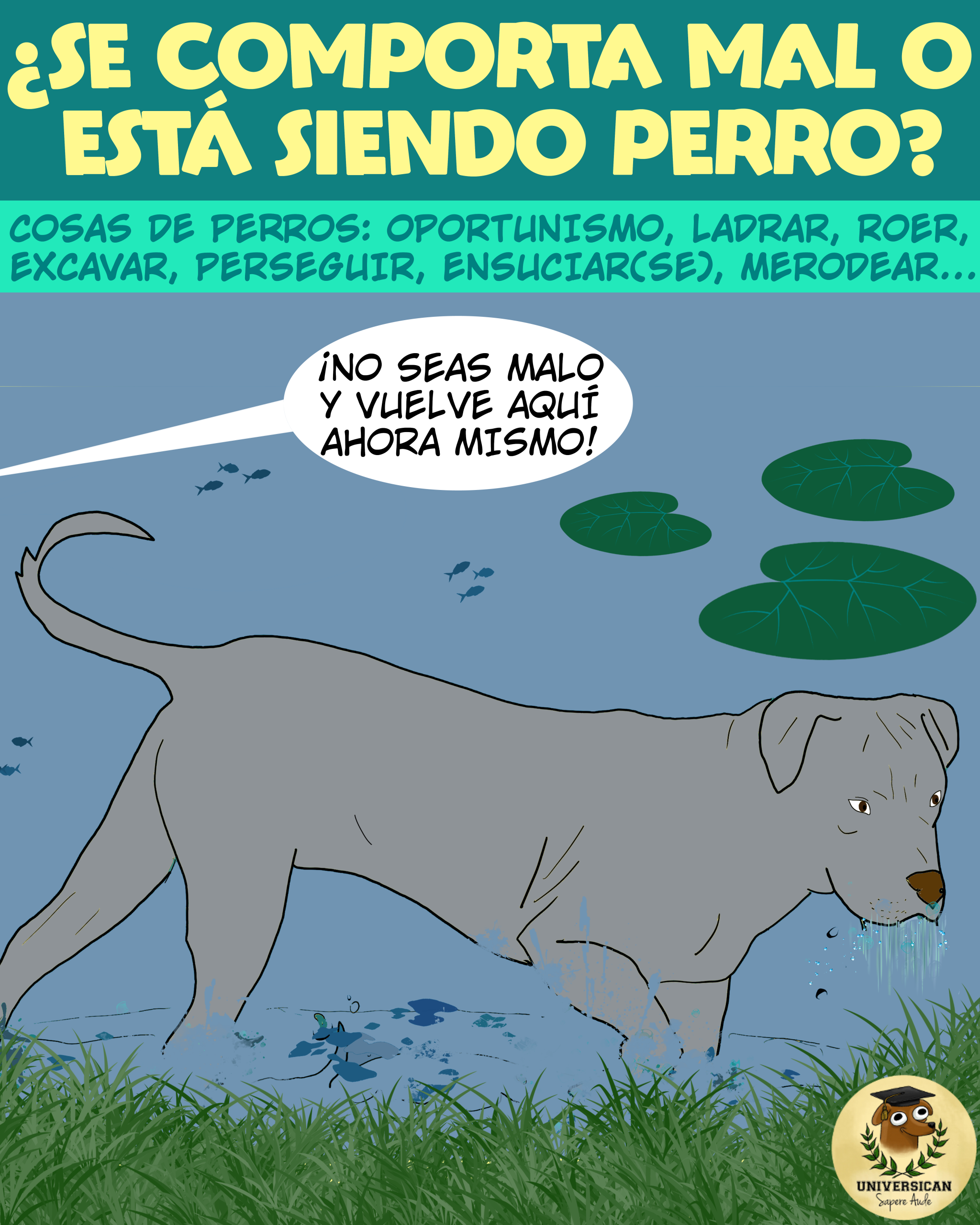 Un perro chapotea en el agua mientras las personas se quejan de su "mal comportamiento". El título "¿se comporta mal o está siendo perro?" invita a reflexionar sobre la naturaleza del comportamiento canino.