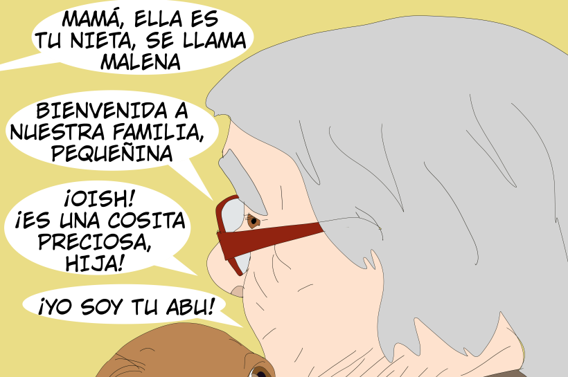 Abuela sonriente abraza a su nueva nieta, una perra cachorra llamada Malena, mostrando que es el amor lo que nos hace familia.