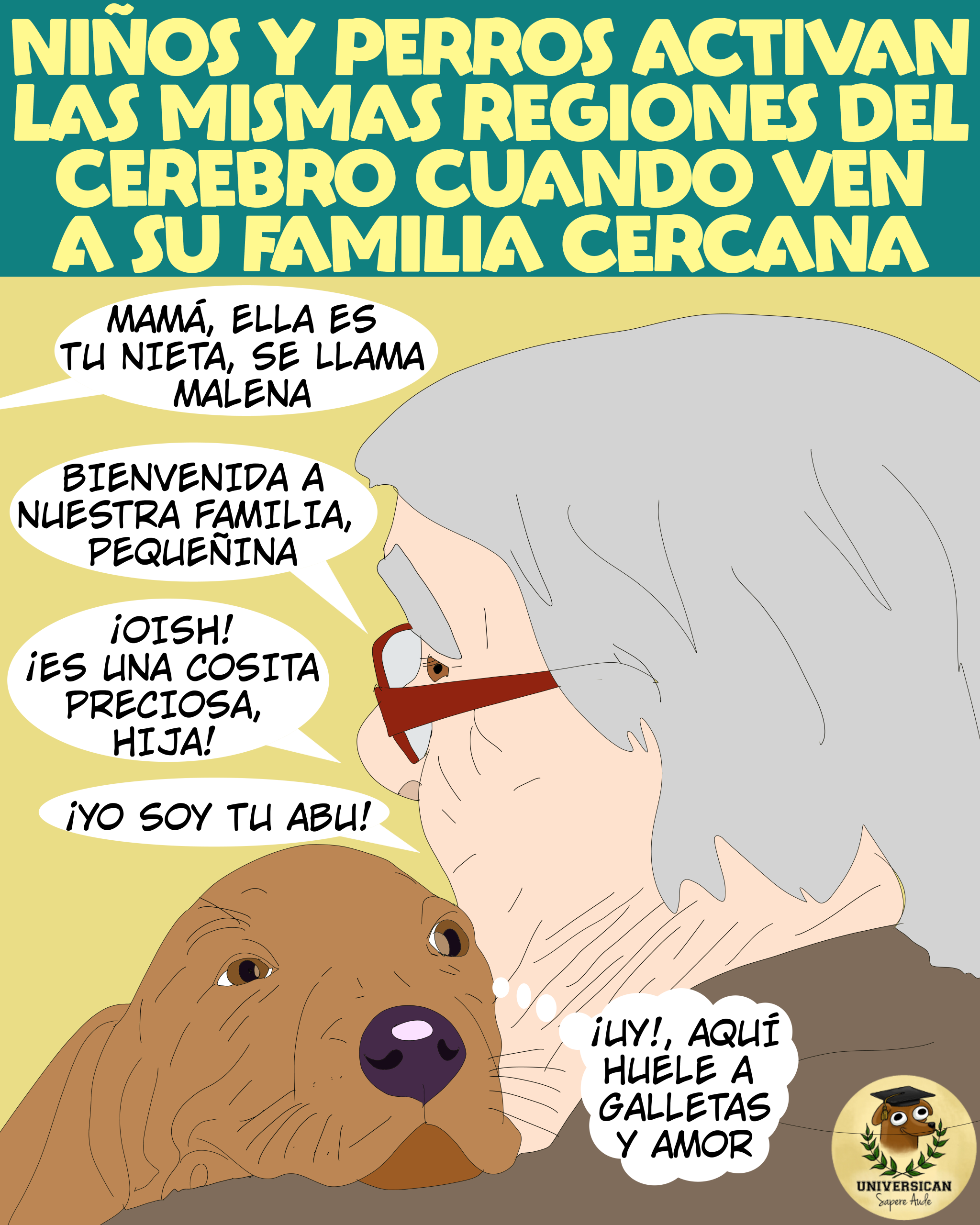 Abuela sonriente abraza a su nueva nieta, una perra cachorra llamada Malena, mostrando que es el amor lo que nos hace familia.