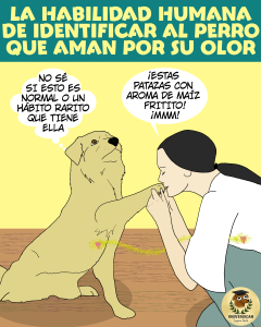 Persona oliendo la pata de su perro con gesto de disfrute, y el perro con expresión curiosa.