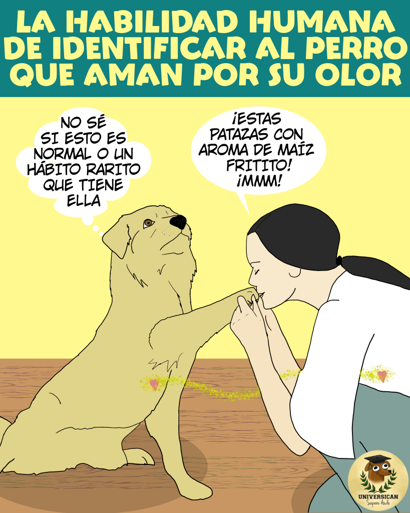 Persona oliendo la pata de su perro con gesto de disfrute, y el perro con expresión curiosa.