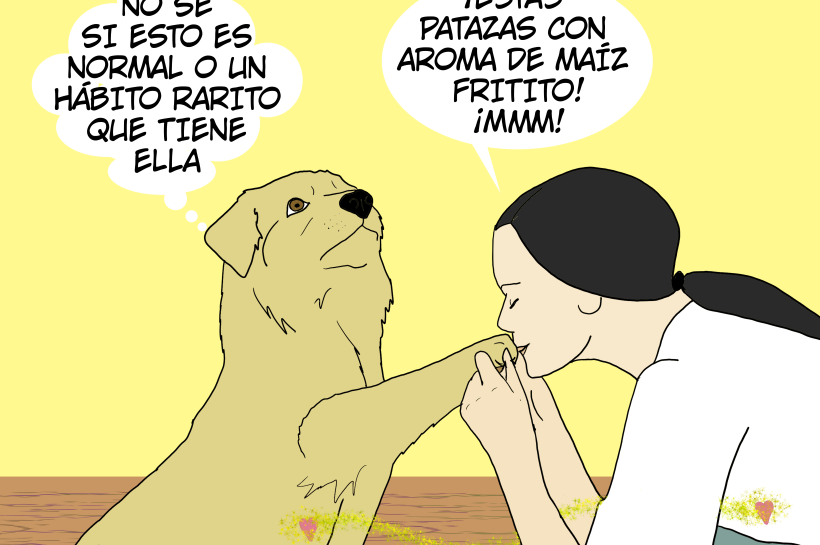 Persona oliendo la pata de su perro con gesto de disfrute, y el perro con expresión curiosa.
