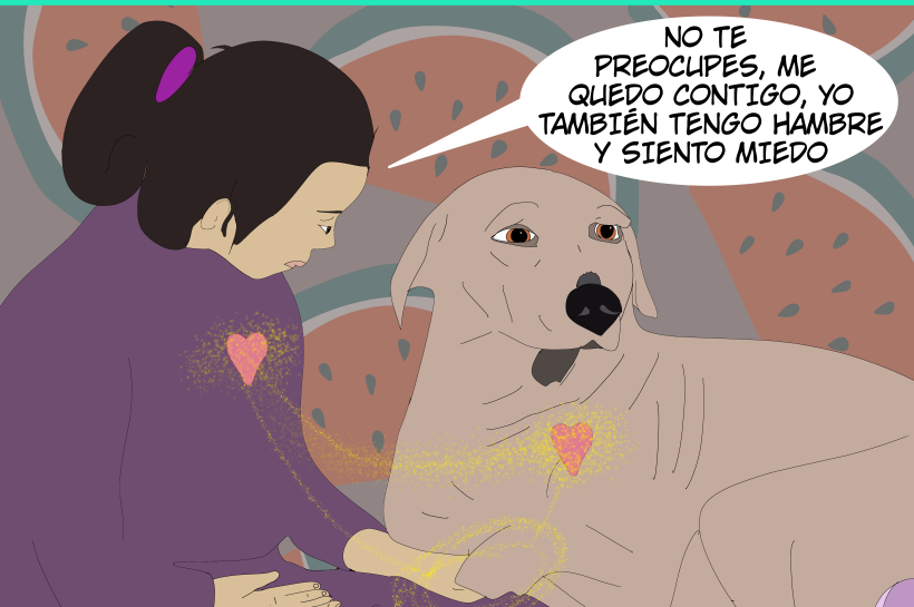 Una niña desplazada y un perro se brindan consuelo mutuo en Palestina.
