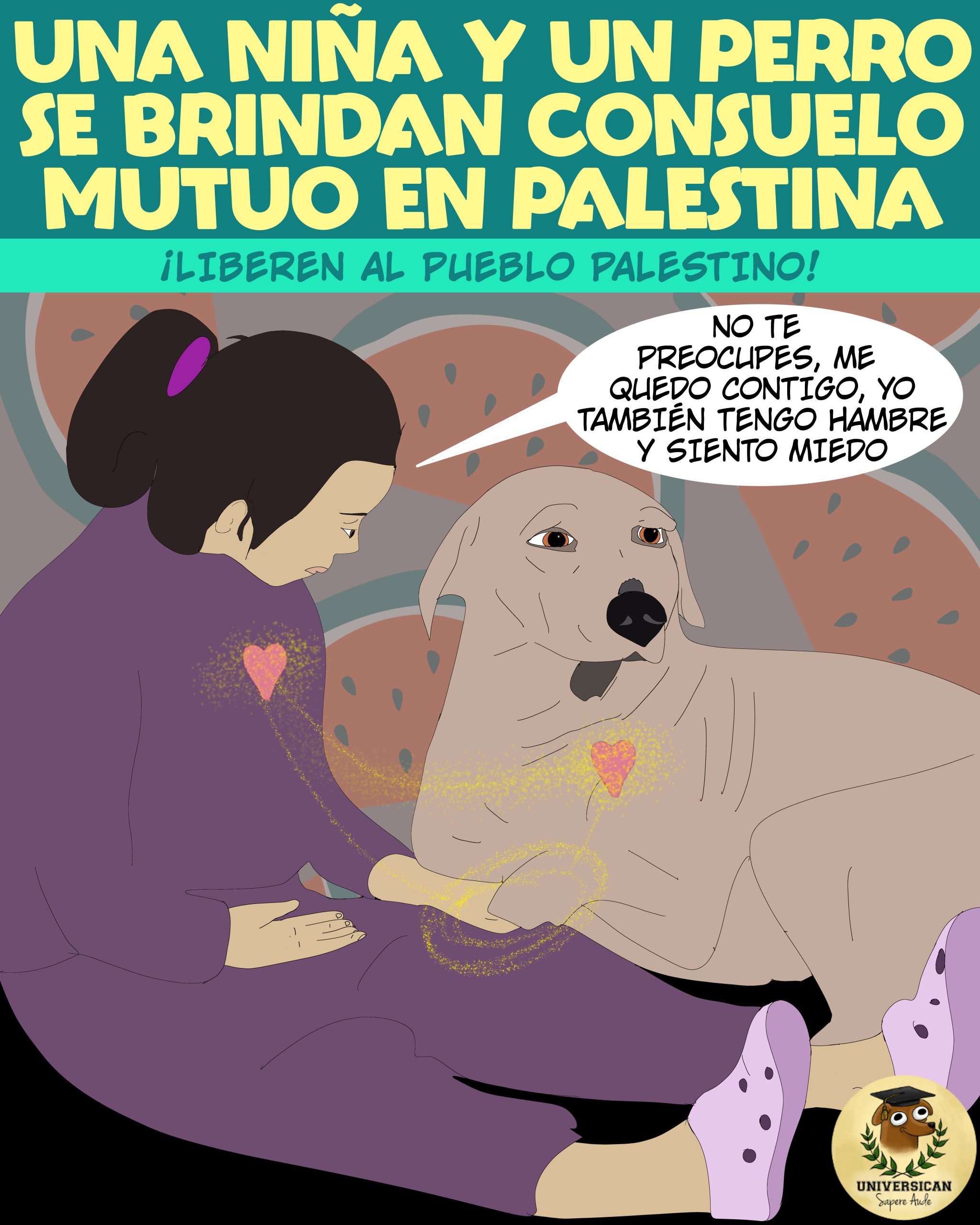 Una niña desplazada y un perro se brindan consuelo mutuo en Palestina.