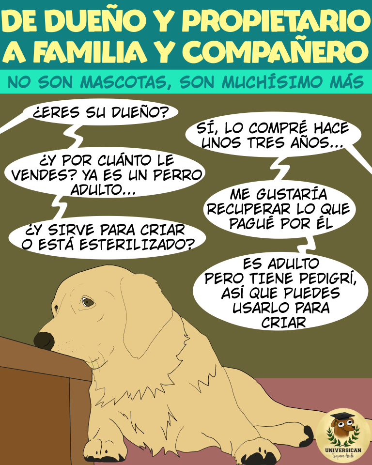 Un perro triste, mientras dos personas negocian su venta y hablan sobre quién es su dueño, su edad y si puede criar. Arriba, un texto que dice que los animales son familia y compañeros, no solo mascotas.