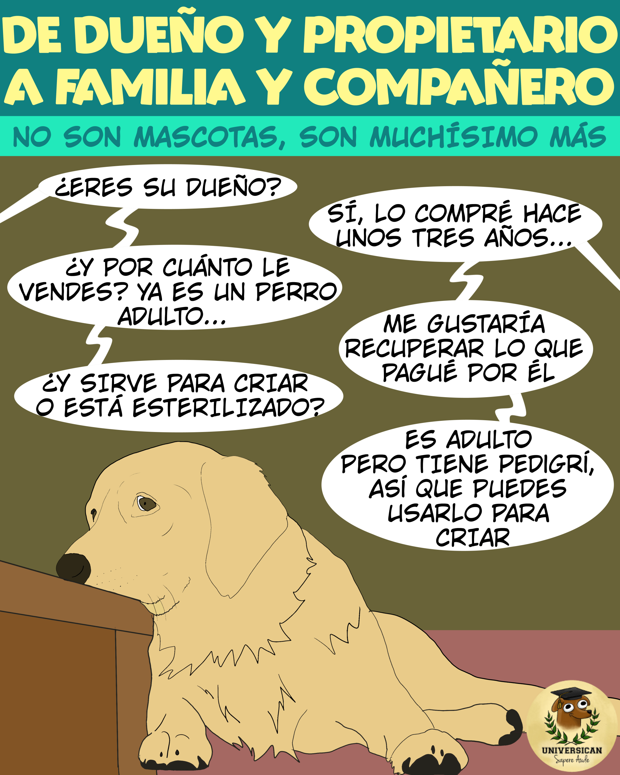 Un perro triste, mientras dos personas negocian su venta y hablan sobre quién es su dueño, su edad y si puede criar. Arriba, un texto que dice que los animales son familia y compañeros, no solo mascotas.