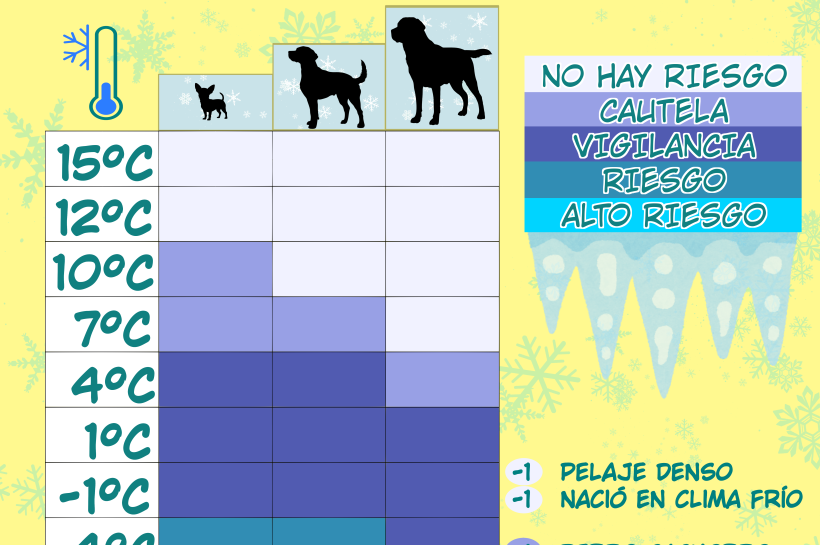 Tabla guía de temperaturas de riesgo para perros en invierno.