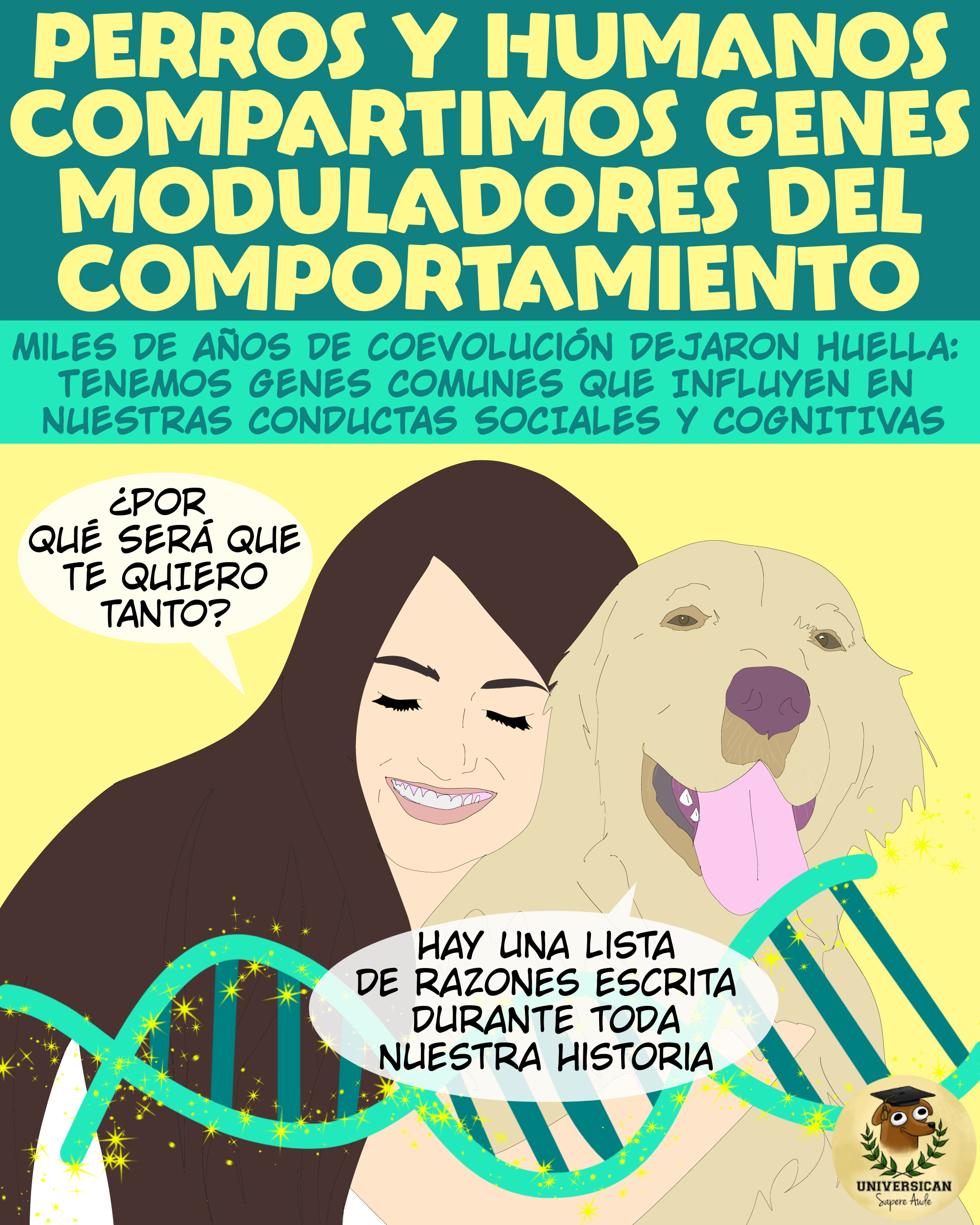 Ilustración de una mujer abrazando a su perro junto a una doble hélice de ADN, simbolizando genes compartidos que modulan el comportamiento.