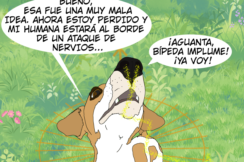 Ilustración de un perro marrón y blanco en un campo, rodeado de líneas de orientación magnética. El perro dice '¡Aguanta, bípeda implume! ¡Ya voy!' mientras se orienta para regresar con su tutora perdida por el bosque.