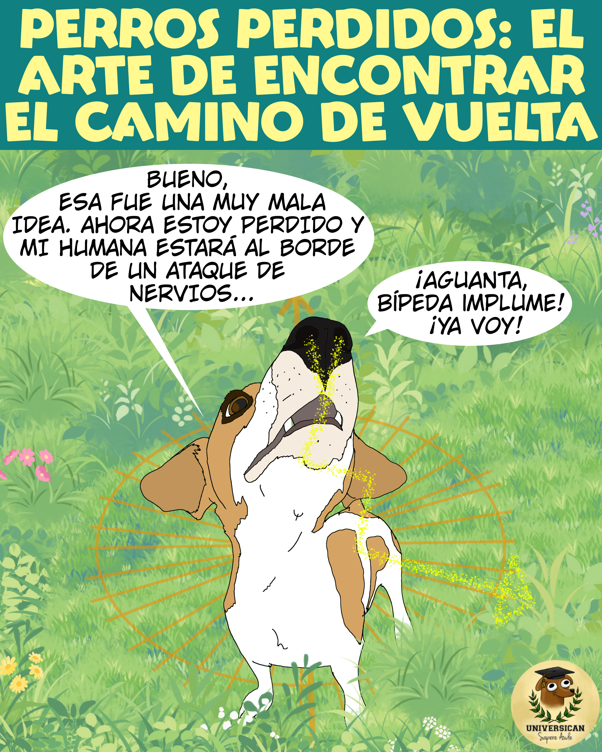 Ilustración de un perro marrón y blanco en un campo, rodeado de líneas de orientación magnética. El perro dice '¡Aguanta, bípeda implume! ¡Ya voy!' mientras se orienta para regresar con su tutora perdida por el bosque.