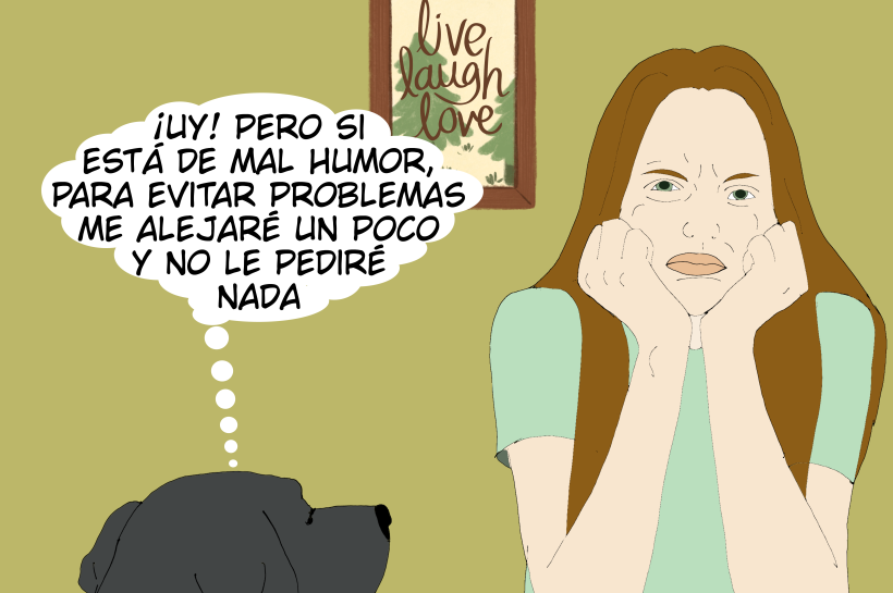 Un perro se acerca a su humana para pedirle galletas, pero al observar que ella está de mal humor decide alejarse para evitar problemas.