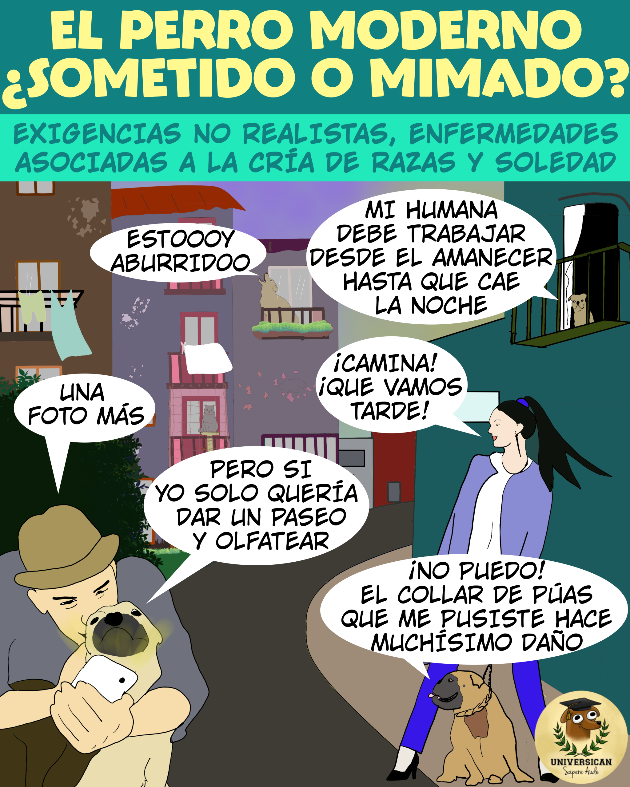 Ilustración que muestra desafíos del perro moderno como paseos poco enriquecidos, accesorios de castigo, soledad, etc.