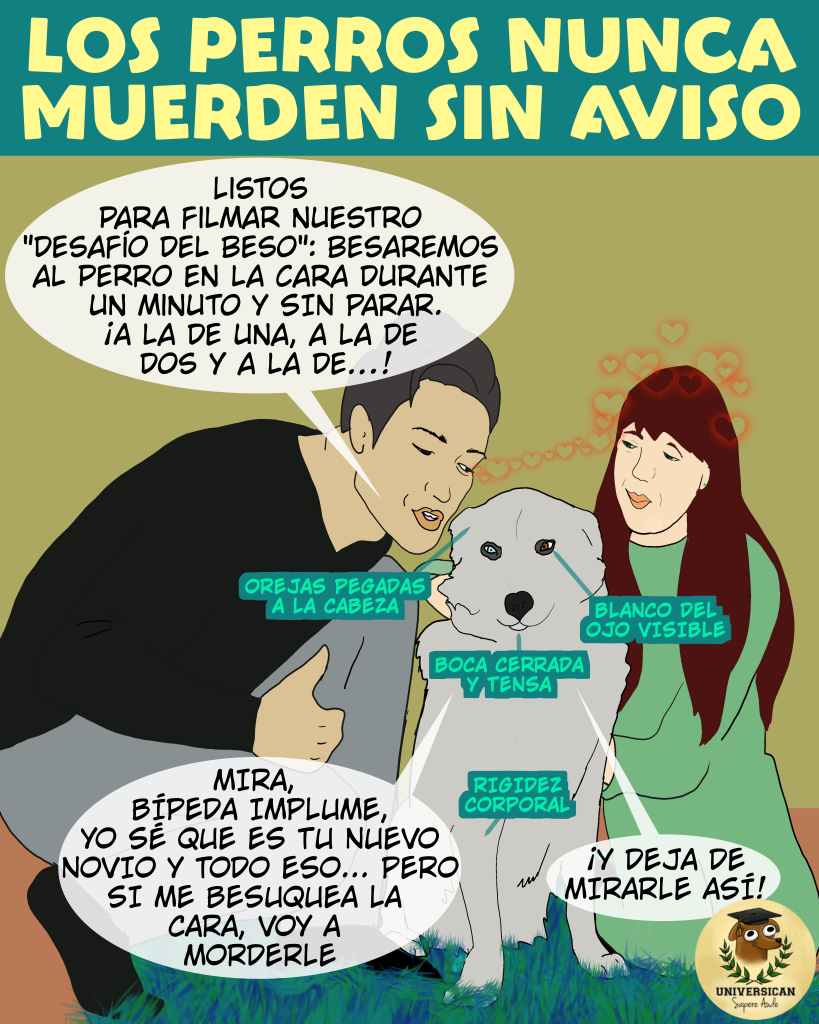 Un perro visiblemente incómodo está a punto de ser besado en la cara y por sorpresa por alguien a quien no conoce bien. El título dice "Los perros no muerden sin aviso".