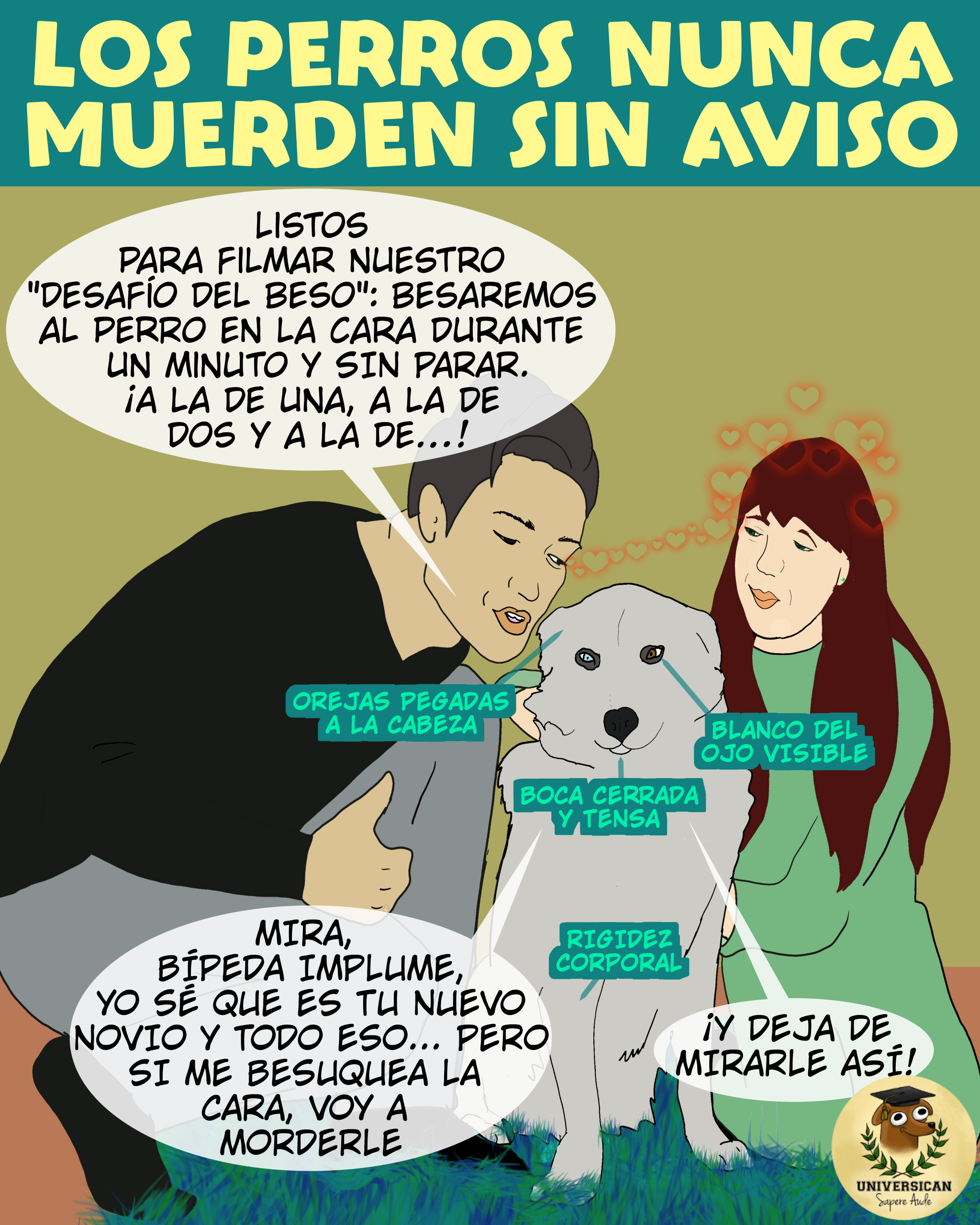 Un perro visiblemente incómodo está a punto de ser besado en la cara y por sorpresa por alguien a quien no conoce bien. El título dice "Los perros no muerden sin aviso".