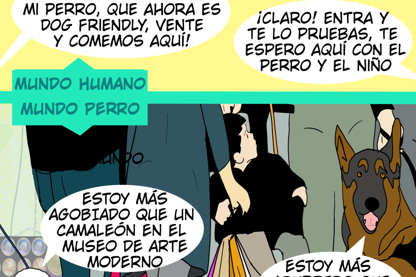 Perros en el centro comercial, se ven incómodos. Arriba dice: ¿inclusión canina o comodidad humana?