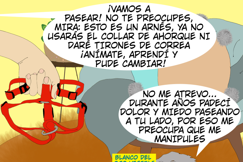 Persona muestra un arnés a un perro asustado y le dice que ya no usará castigos. El perro, desconfiado, recuerda años de dolor y miedo al pasear.
