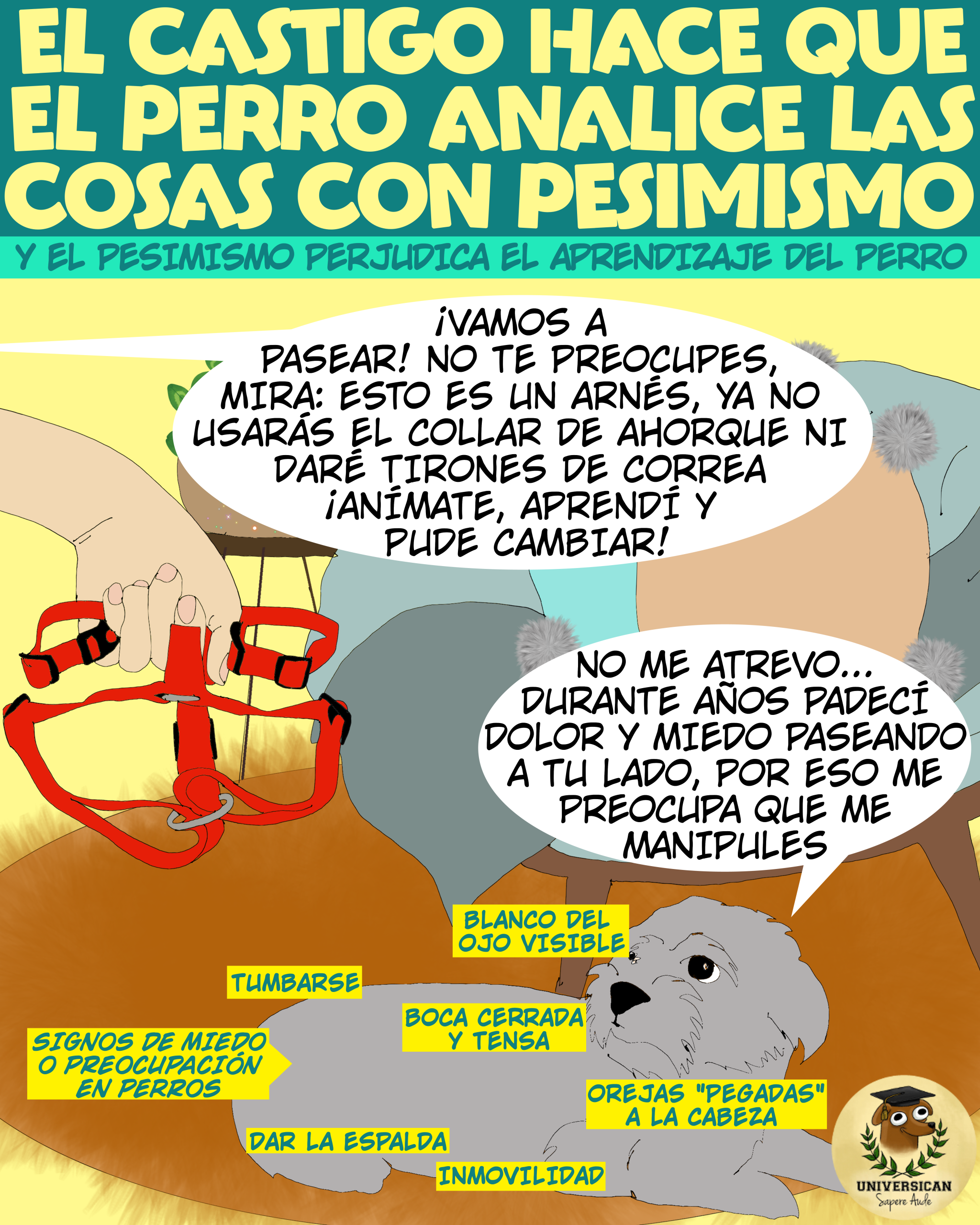 Persona muestra un arnés a un perro asustado y le dice que ya no usará castigos. El perro, desconfiado, recuerda años de dolor y miedo al pasear.